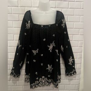 SEVEN 7 women’s  long sleeve embroidered black blouse Size 14/16